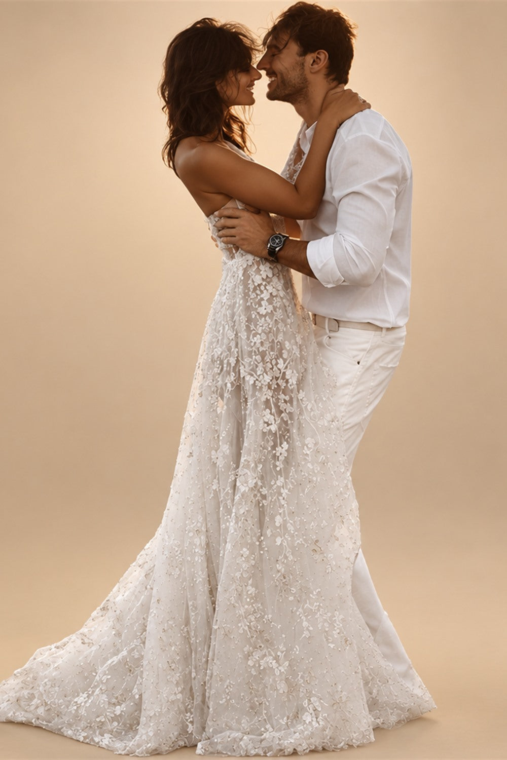 Beach Sexy Boho Wedding Dresses A-Line One Shoulder Long Sleeve Sweep / Brush Train Lace Bridal Gowns With Split Front