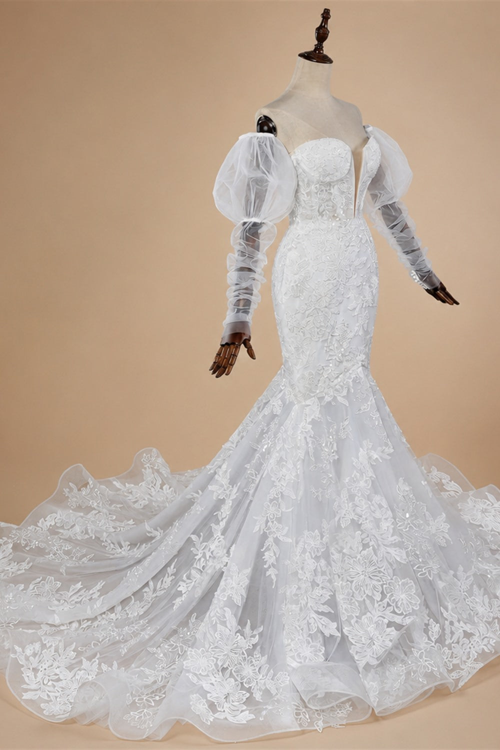 Glamorous White Sweetheart Neckline Mermaid Wedding Dress with Detachable Tulle Sleeves ZP056