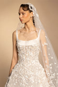 Luxury White Square Neck Beaded Floral Lace Ball Gown Wedding Dress with Veil ZP082