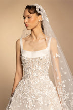 Luxury White Square Neck Beaded Floral Lace Ball Gown Wedding Dress with Veil ZP082