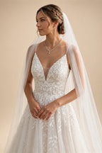 Spaghetti Strap V-Neck Lace Wedding Dress with Leaf Embroidery | ZapDress