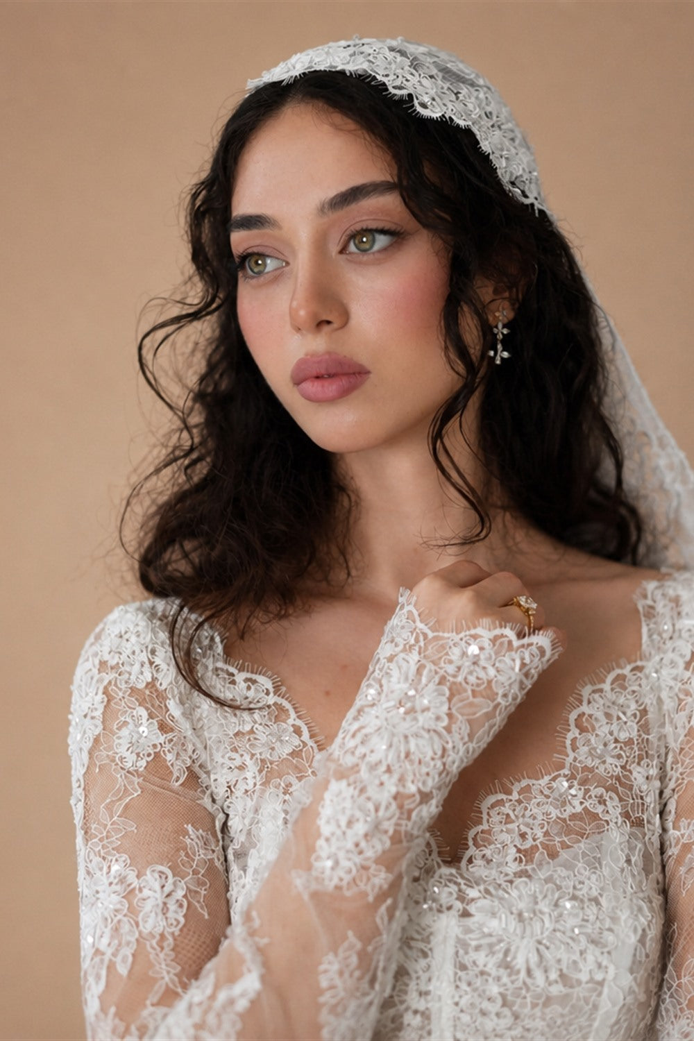 Whimsical Ivory Lace V-Neck Long Sleeve Wedding Dress with Veil ZP106