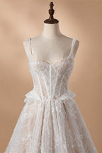 Luxury Ivory Square Neck Corset Lace Tulle A-Line Wedding Dress with Train ZP064