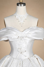 Off the Shoulder White Satin Ball Gown Flower Girl Dress with Long Cathedral Train ZP017