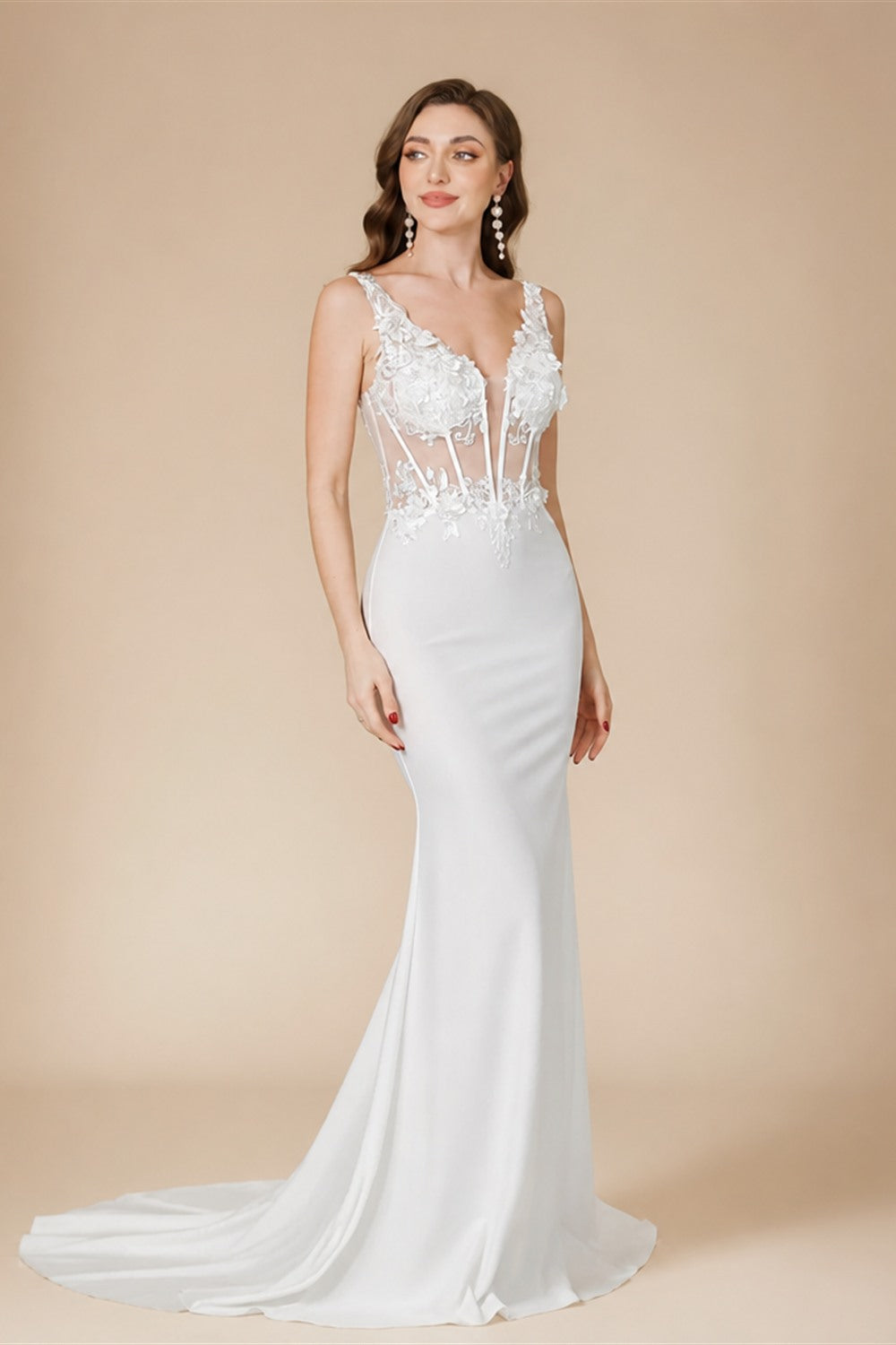 MisShow Elegant Straps White Mermaid Wedding Dresses Lace Pearls Backless V Neck Sleeveless Formal Party Gowns Vestido Marriee