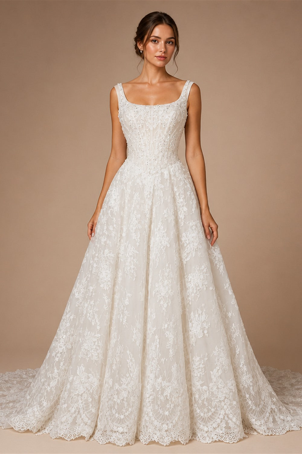 White Lace Spaghetti Strap Bridal Gown Square Neck Beaded Corset Ball Gown ZP012