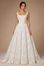 White Lace Spaghetti Strap Bridal Gown Square Neck Beaded Corset Ball Gown ZP012