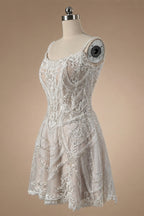 Luxury Ivory Beaded Lace Short Wedding Dress with Lace-Up Corset Back ZP059