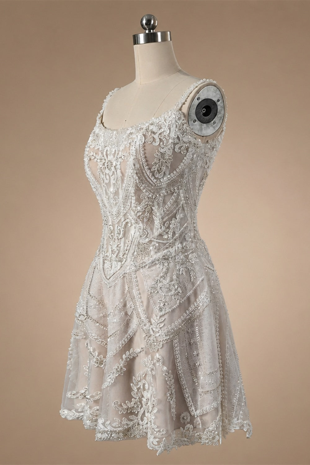 Luxury Ivory Beaded Lace Short Wedding Dress with Lace-Up Corset Back ZP059