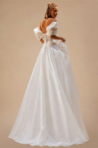 Romantic White Satin Off-the-Shoulder Puff Sleeve Ball Gown Wedding Dress ZP113