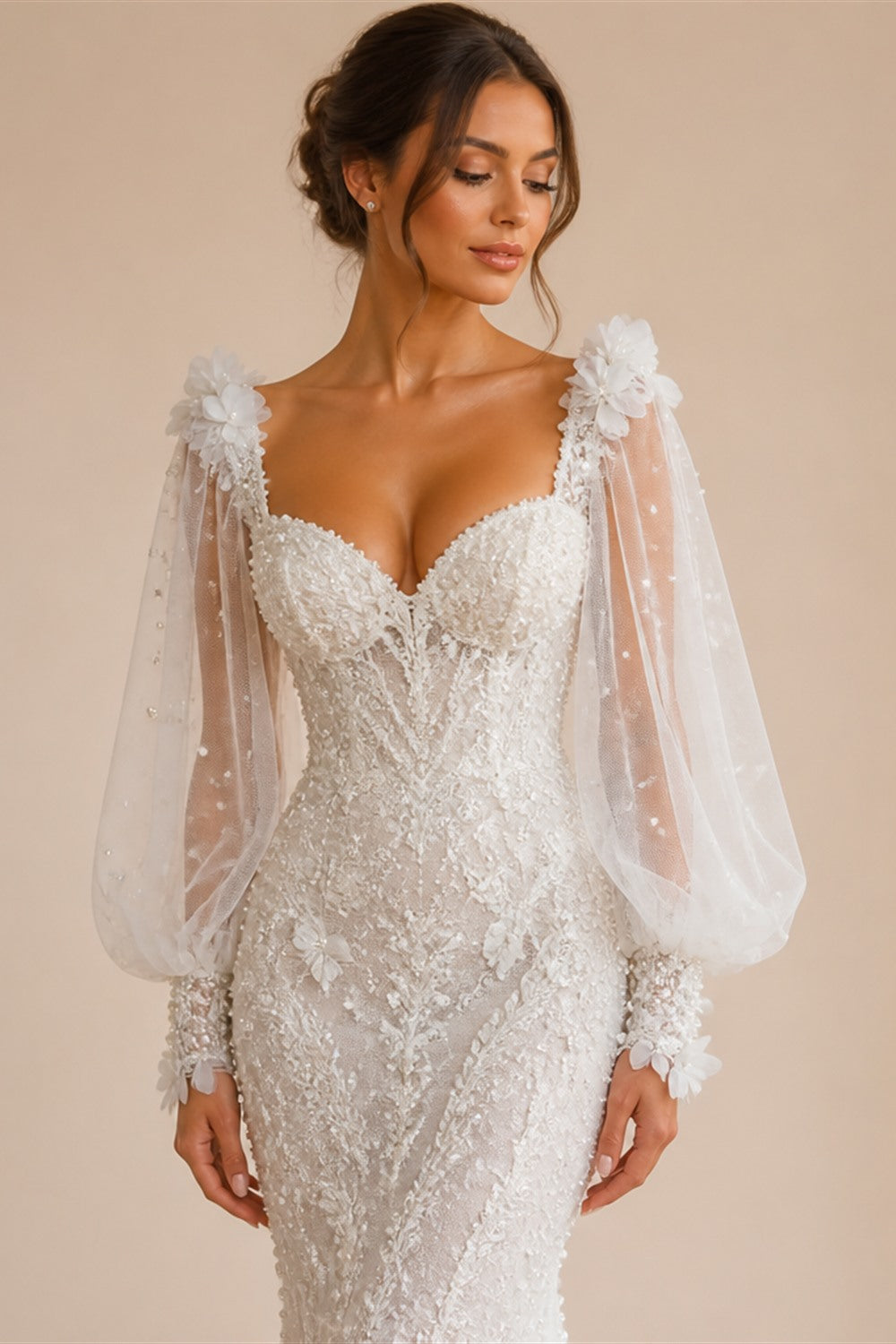 Elegant White V-Neck Long Sleeve Lace-Up Back A-Line Wedding Dress ZP060