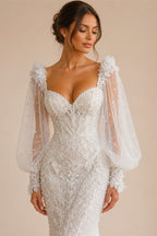 Elegant White V-Neck Long Sleeve Lace-Up Back A-Line Wedding Dress ZP060