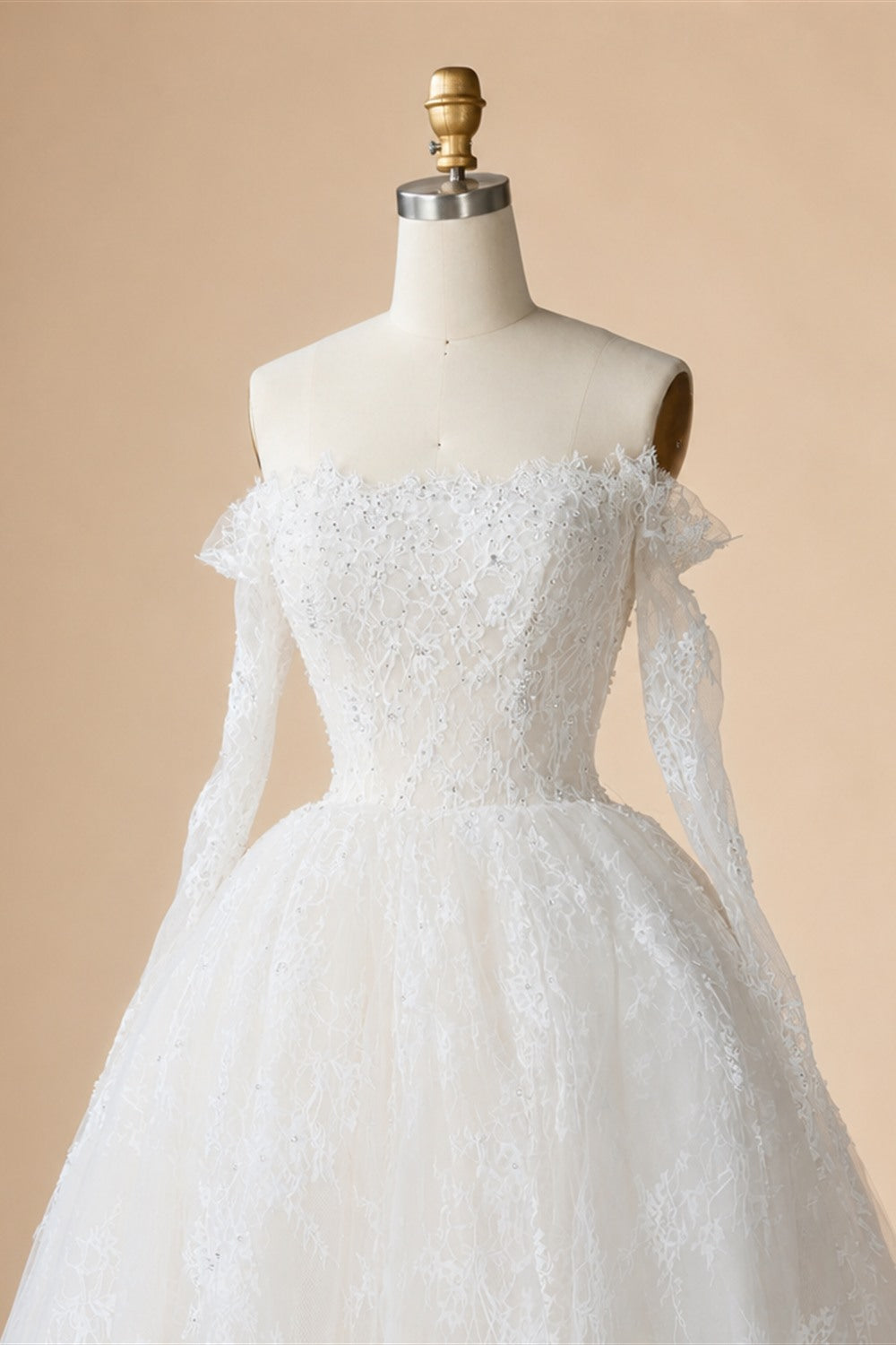 White Lace and Tulle Ball Gown Wedding Dress Off the Shoulder Beaded Bridal Dress ZP013