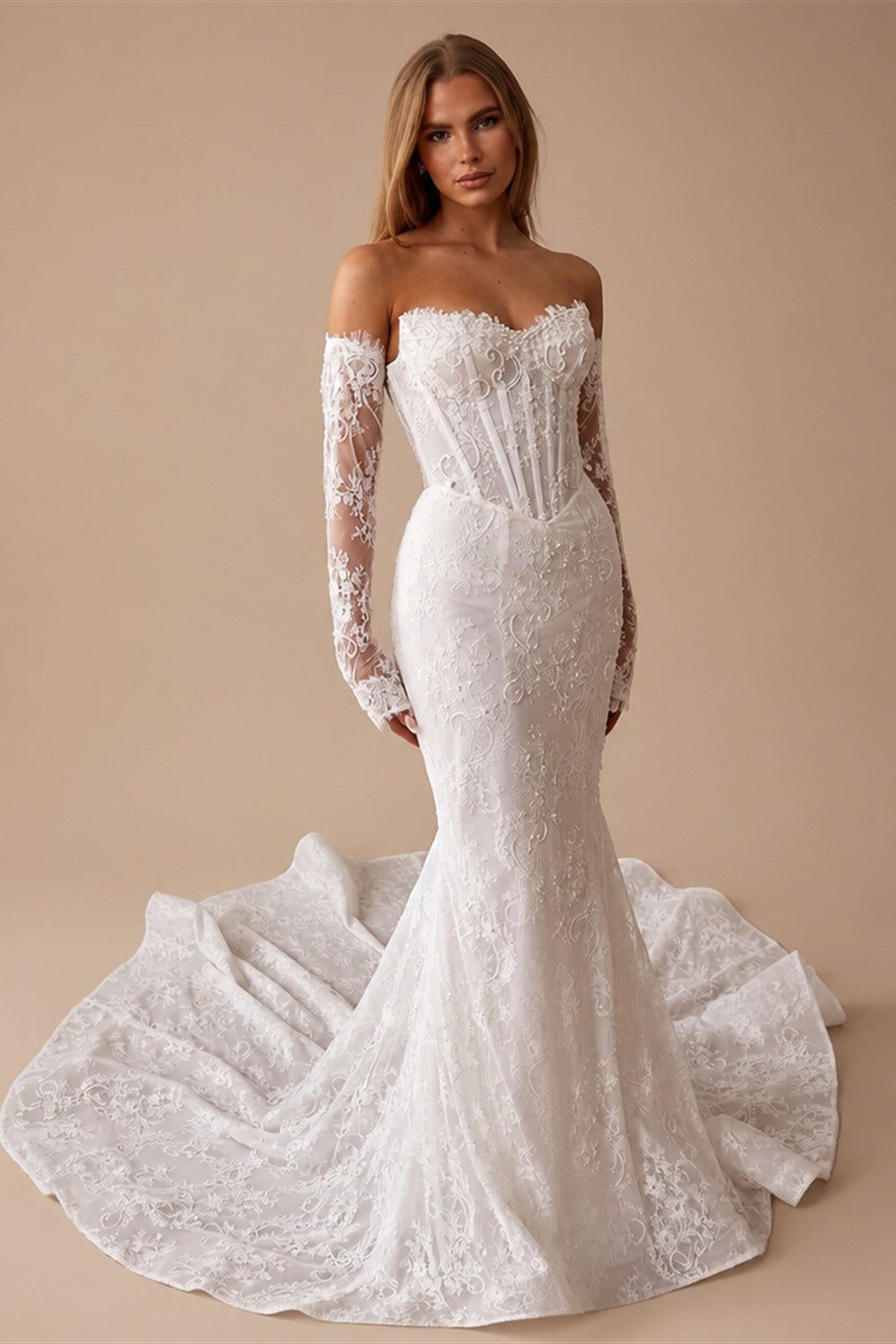 Alonlivn Customize Made Beauty Lace Fitted Beaded 2 In 1 Mermaid Wedding Gowns Trumpet Removable Train Bridal Gowns