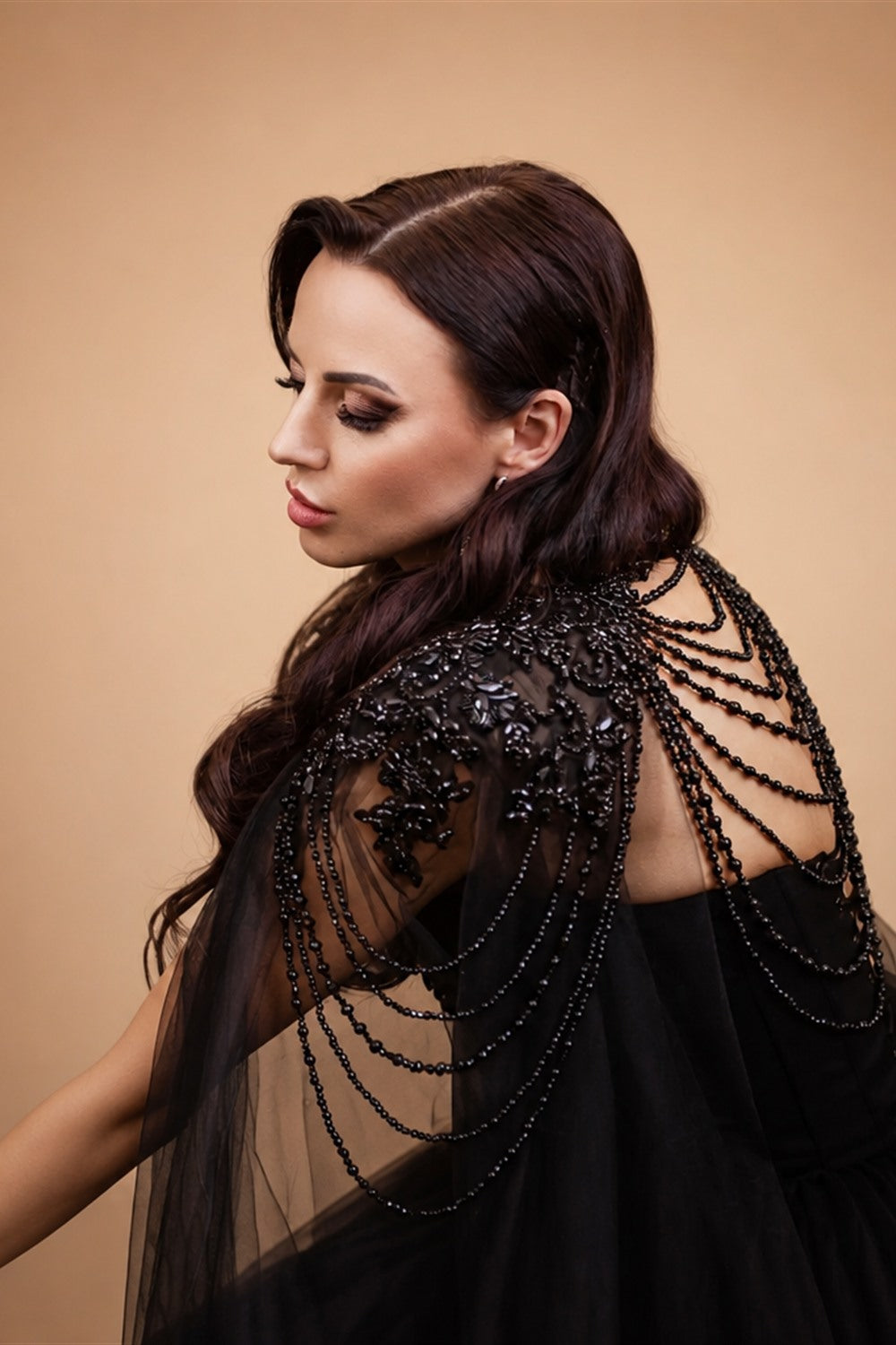 Black Luxury Gothic  Wedding Dress Beaded Tulle Ball Gown With Sheer Beaded Cape ZP028