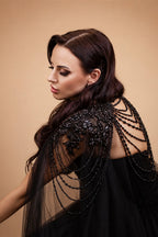 Black Luxury Gothic  Wedding Dress Beaded Tulle Ball Gown With Sheer Beaded Cape ZP028