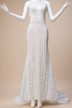 Elegant Ivory High Neck Sheer Lace Long Sleeves Mermaid Wedding Dress with Veil ZP085