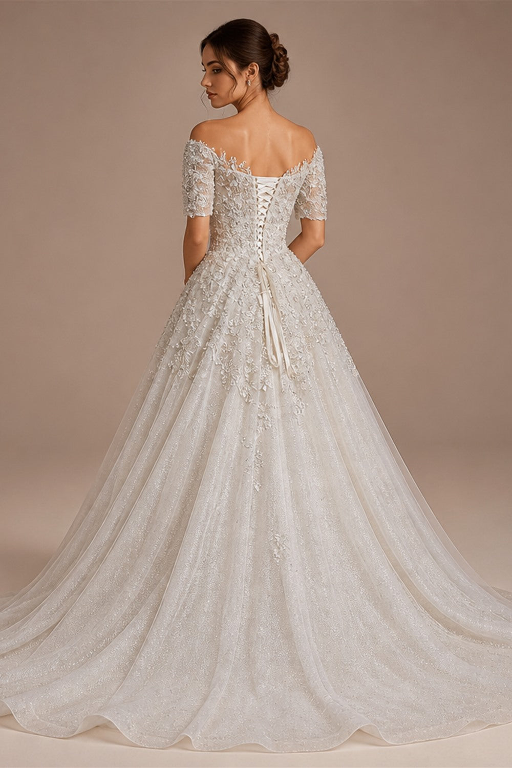 Luxury Beaded Puffy Lace Off Shoulder Wedding Dress ZP179