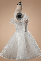 Elegant White Off-Shoulder Feather Lace Corset Mini Wedding Dress ZP061