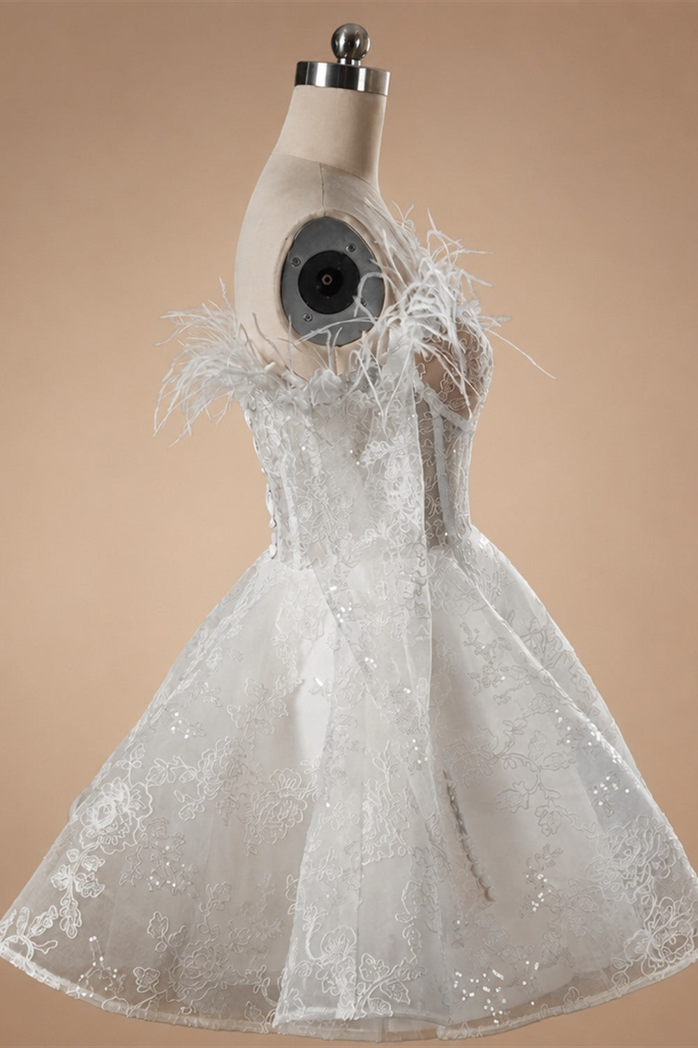 Elegant White Off-Shoulder Feather Lace Corset Mini Wedding Dress ZP061