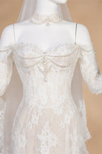 Elegant Ivory Sweetheart Neckline Sheer Lace Mermaid Wedding Dress with Veil ZP133