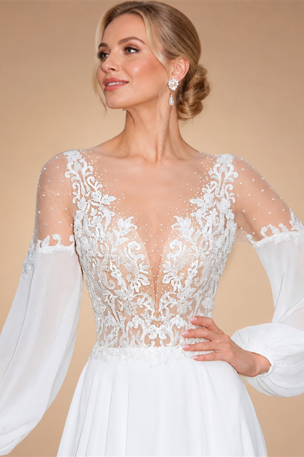 Wedding Dress Long Sleeve A-Line Appliques Beaded Bride Gown Beach Princess BECHOYER HB78 Plus Size Customized Vestido de Noiva