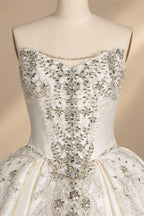 White Satin Strapless Ball Gown Wedding Dress with Luxurious Beaded Lace and Cathedral Train ZP016