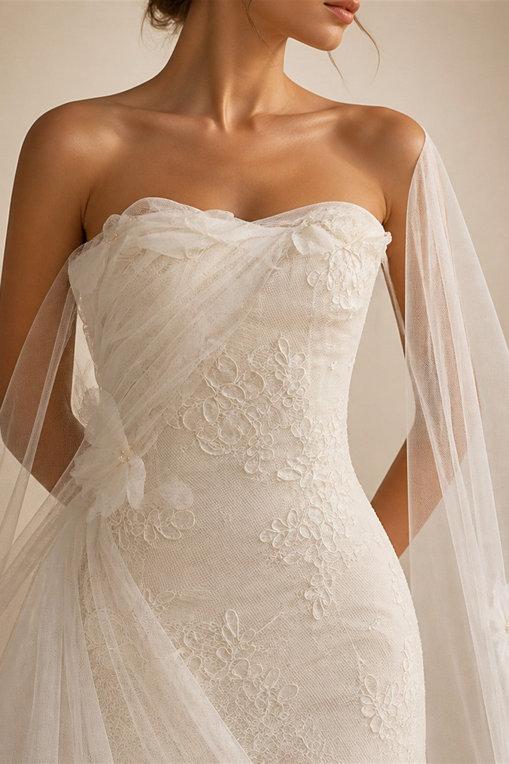 Luxury White One-Shoulder Lace Ruched Bow Mermaid Wedding Dress ZP157
