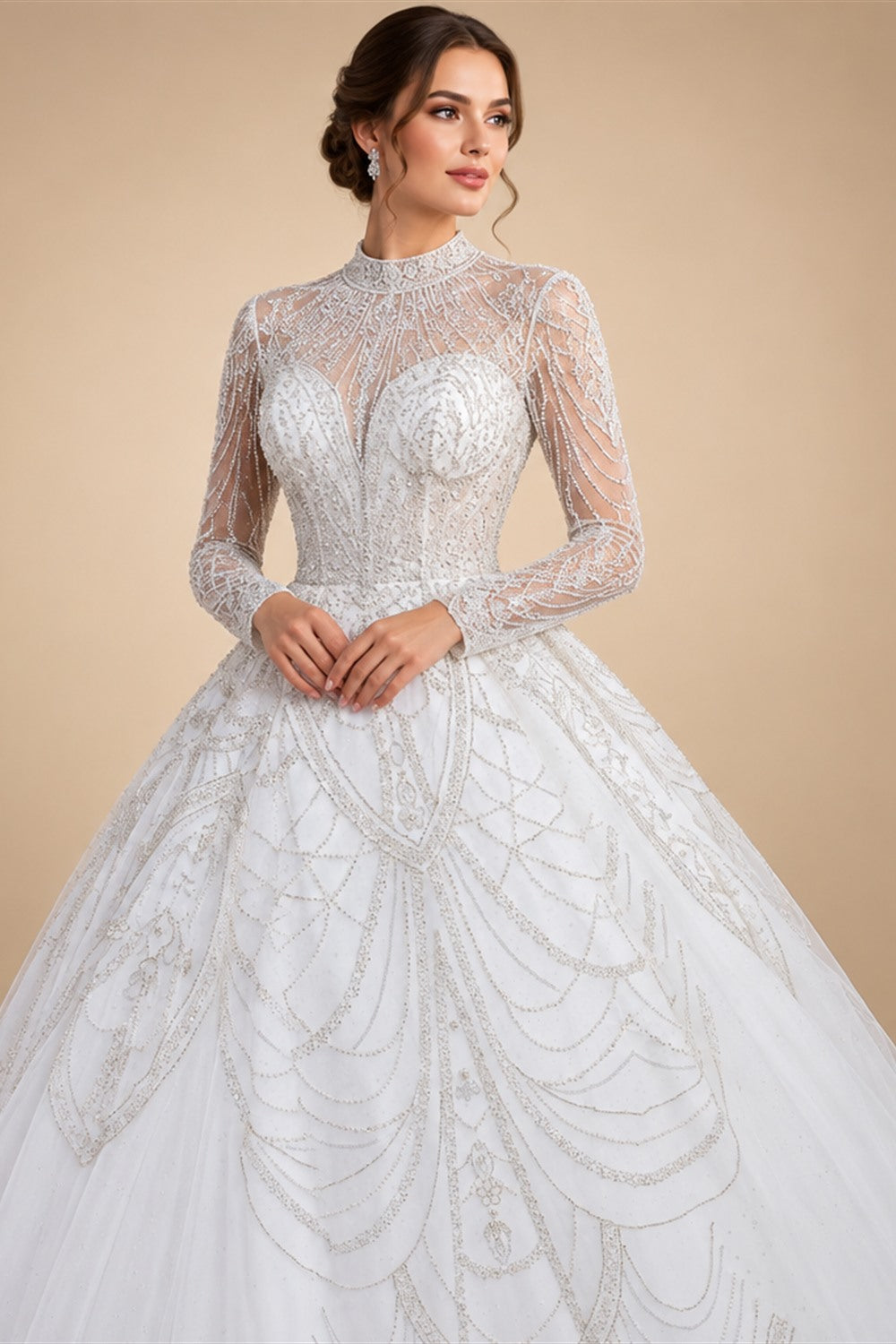 Luxury Beaded Long Sleeve Ball Gown Wedding Dress ZP184