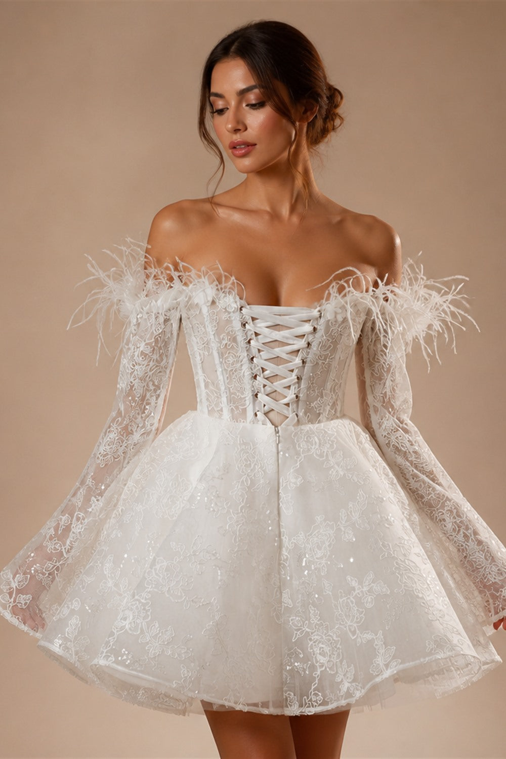 Elegant White Off-Shoulder Feather Lace Corset Mini Wedding Dress ZP061