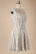 Luxury Ivory Beaded Lace Short Wedding Dress with Lace-Up Corset Back ZP059