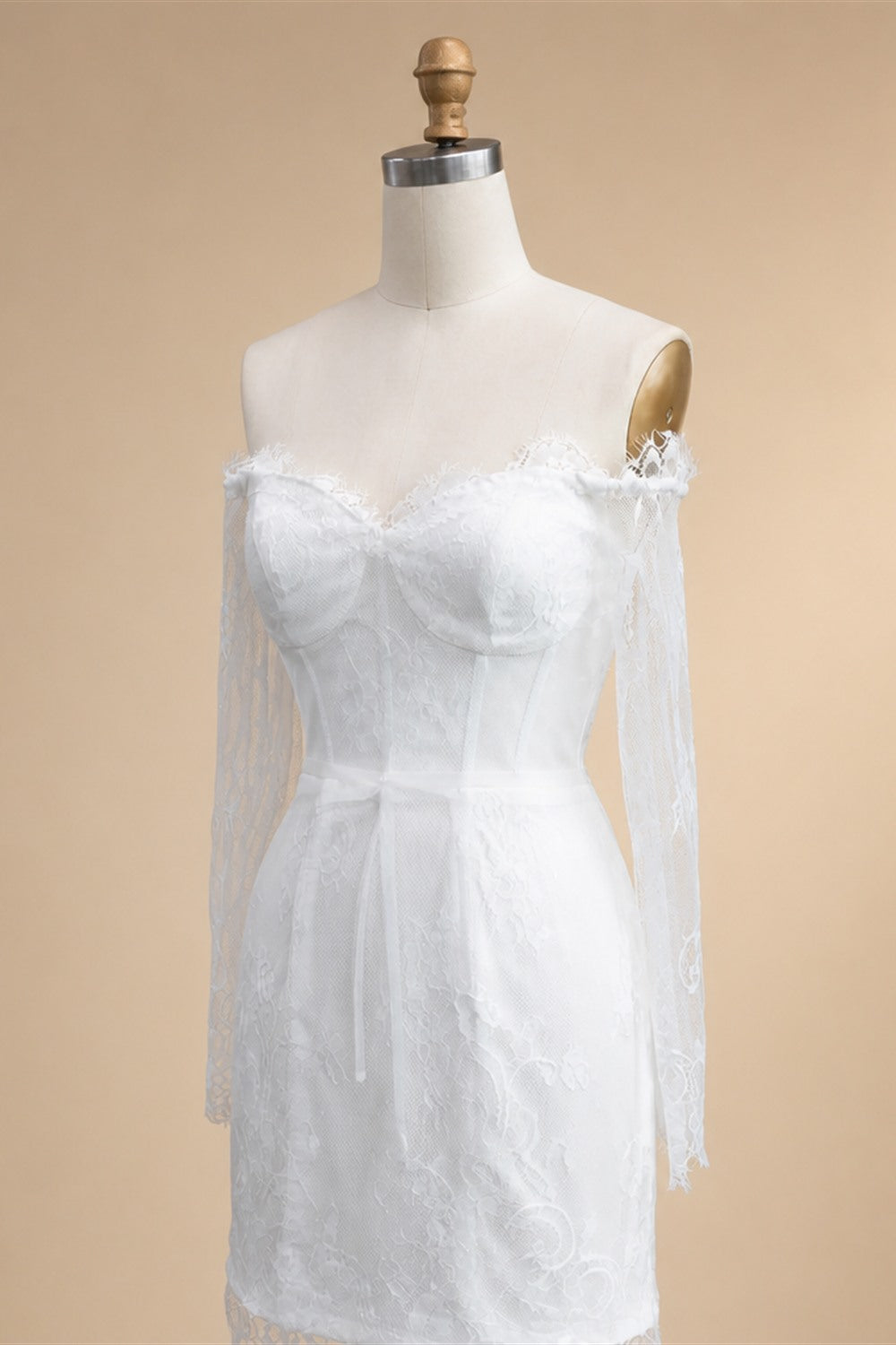 Luxury Ivory Off-the-Shoulder Long Sleeve Lace Mini Wedding Dress ZP134