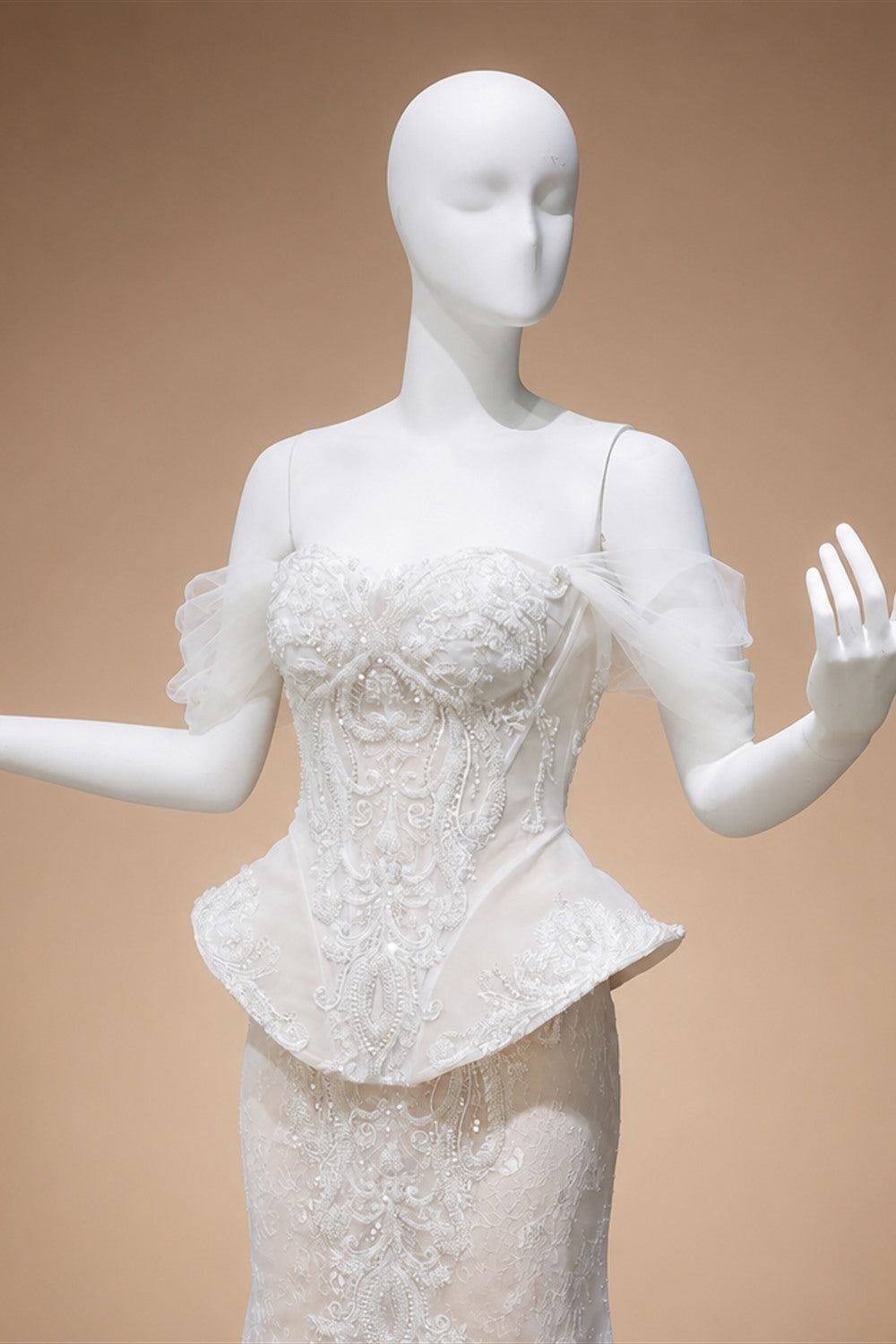 Luxury Ivory Off-the-Shoulder Lace Corset Tulle Train Wedding Dress ZP135