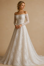 White Floral Lace Ball Gown Wedding Dress with Sweetheart Neckline and Detachable Long Sleeves ZP015