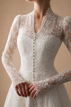 Vintag White Lace High Neck Long Sleeve A-Line Wedding Dress with Train ZP110