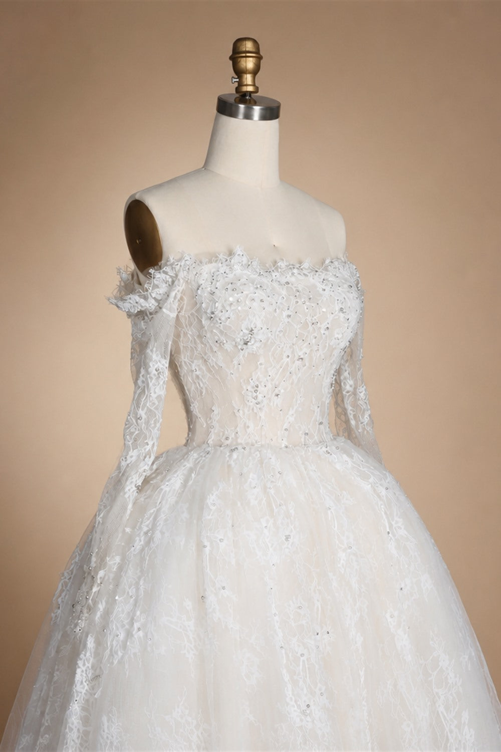 White Lace and Tulle Ball Gown Wedding Dress Off the Shoulder Beaded Bridal Dress ZP013
