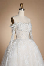 White Lace and Tulle Ball Gown Wedding Dress Off the Shoulder Beaded Bridal Dress ZP013