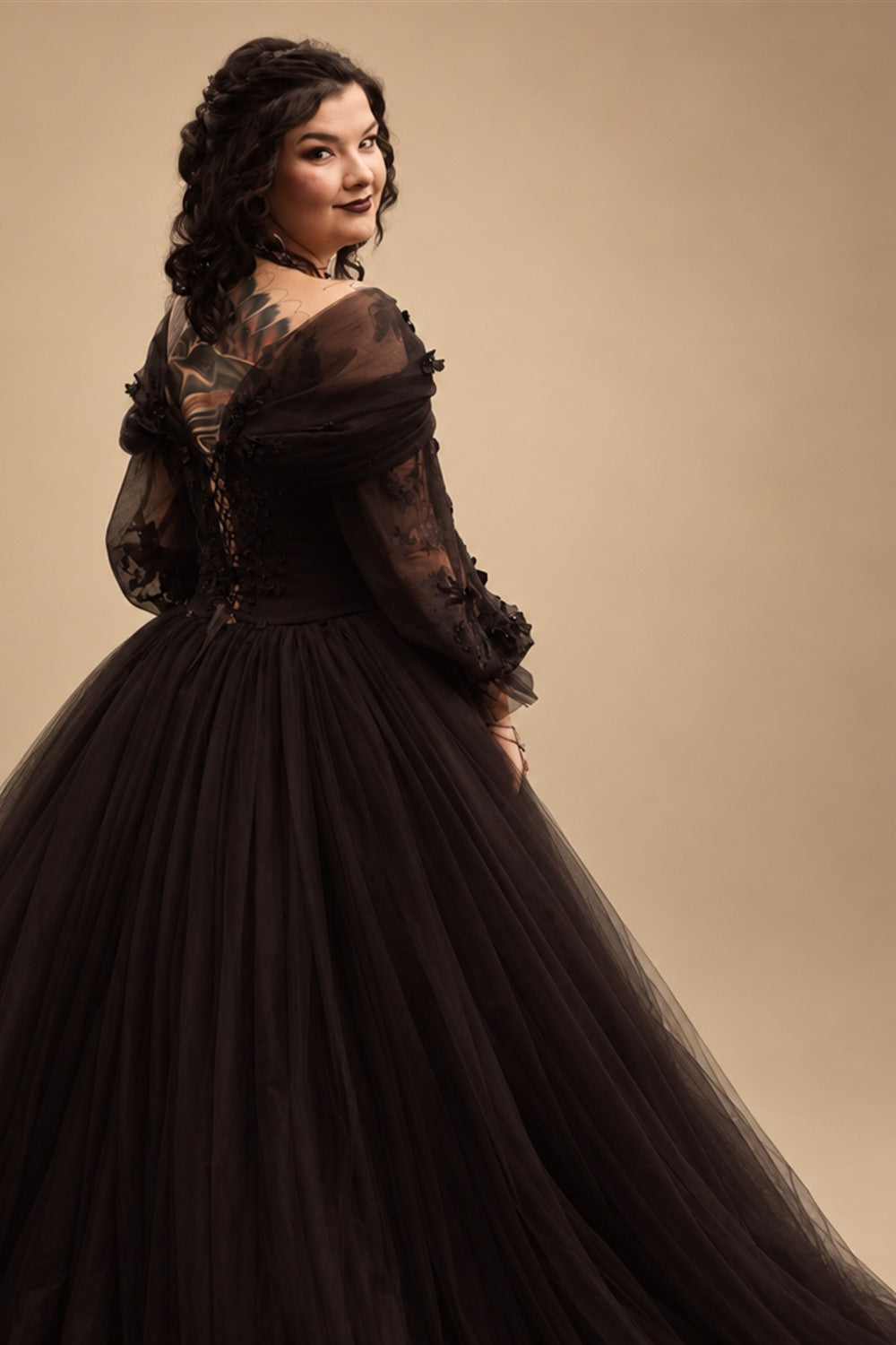 Black Luxury Gothic Wedding Dress 3D Floral Corset Tulle Ball Gown With Train  ZP201