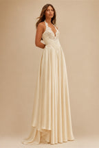 Luxury Spaghetti Strap V-Neck Lace Satin A-Line Wedding Dress with Veil ZP040