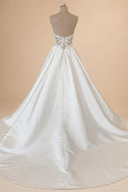 Simple White Satin A Line Wedding Dress Sleeveless Sweetheart Gown