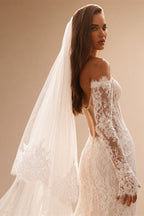 Romantic Ivory Off-the-Shoulder Lace Mermaid Wedding Dress with Tulle Overlay ZP132