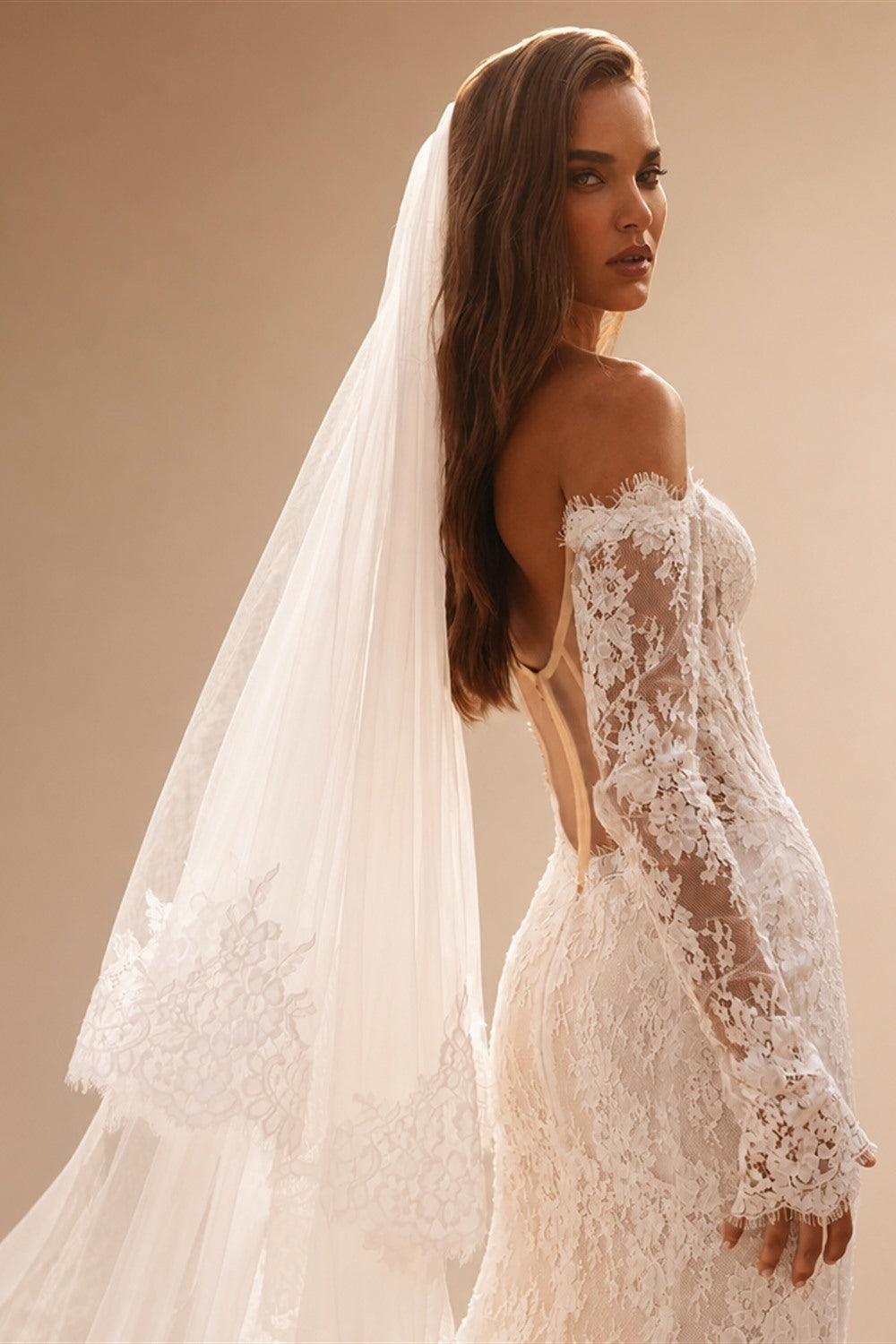 Romantic Ivory Off-the-Shoulder Lace Mermaid Wedding Dress with Tulle Overlay ZP132