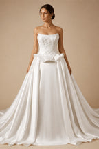 Luxury White Satin Strapless Beaded Ball Gown Train Wedding Dress ZP152
