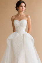 Luxury White A-Line Wedding Dress with Lace Embroidery and Overskirt ZP167