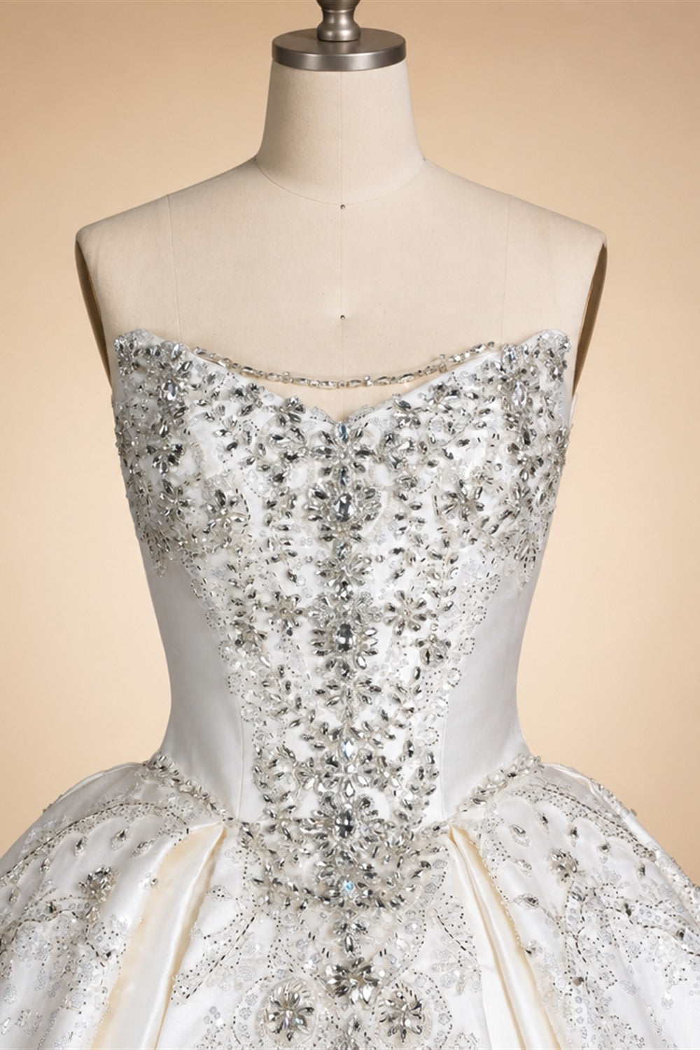 White Satin Strapless Ball Gown Wedding Dress with Luxurious Beaded Lace and Cathedral Train ZP016