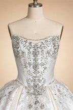 White Satin Strapless Ball Gown Wedding Dress with Luxurious Beaded Lace and Cathedral Train ZP016