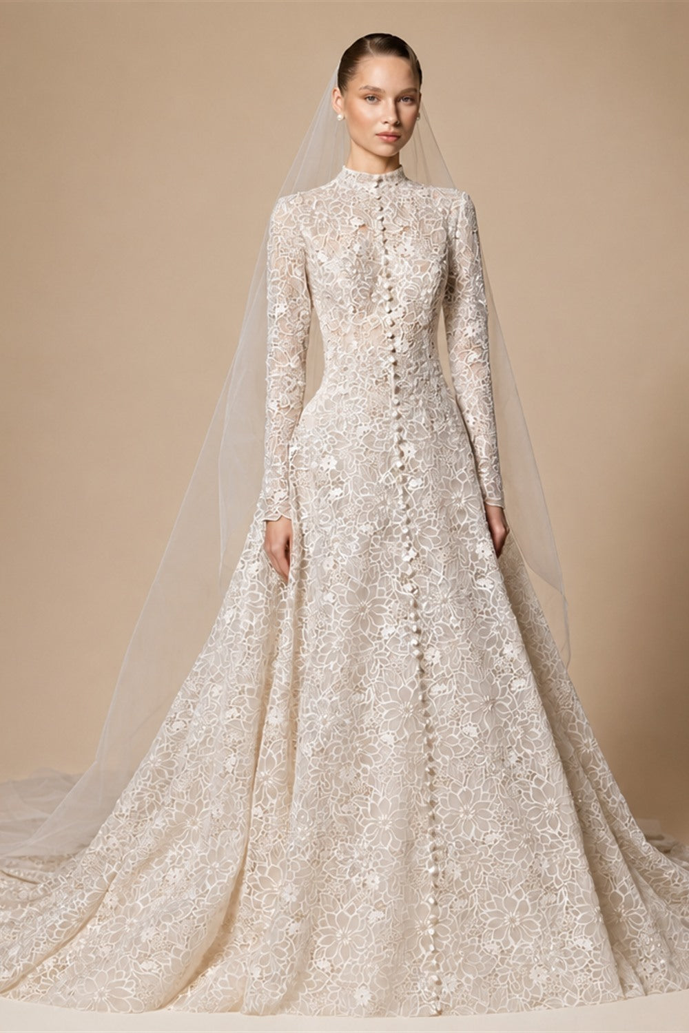 Luxury Champagne High Neck Long Sleeve Lace A-Line Wedding Dress with Buttons ZP079