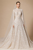 Luxury Champagne High Neck Long Sleeve Lace A-Line Wedding Dress with Buttons ZP079