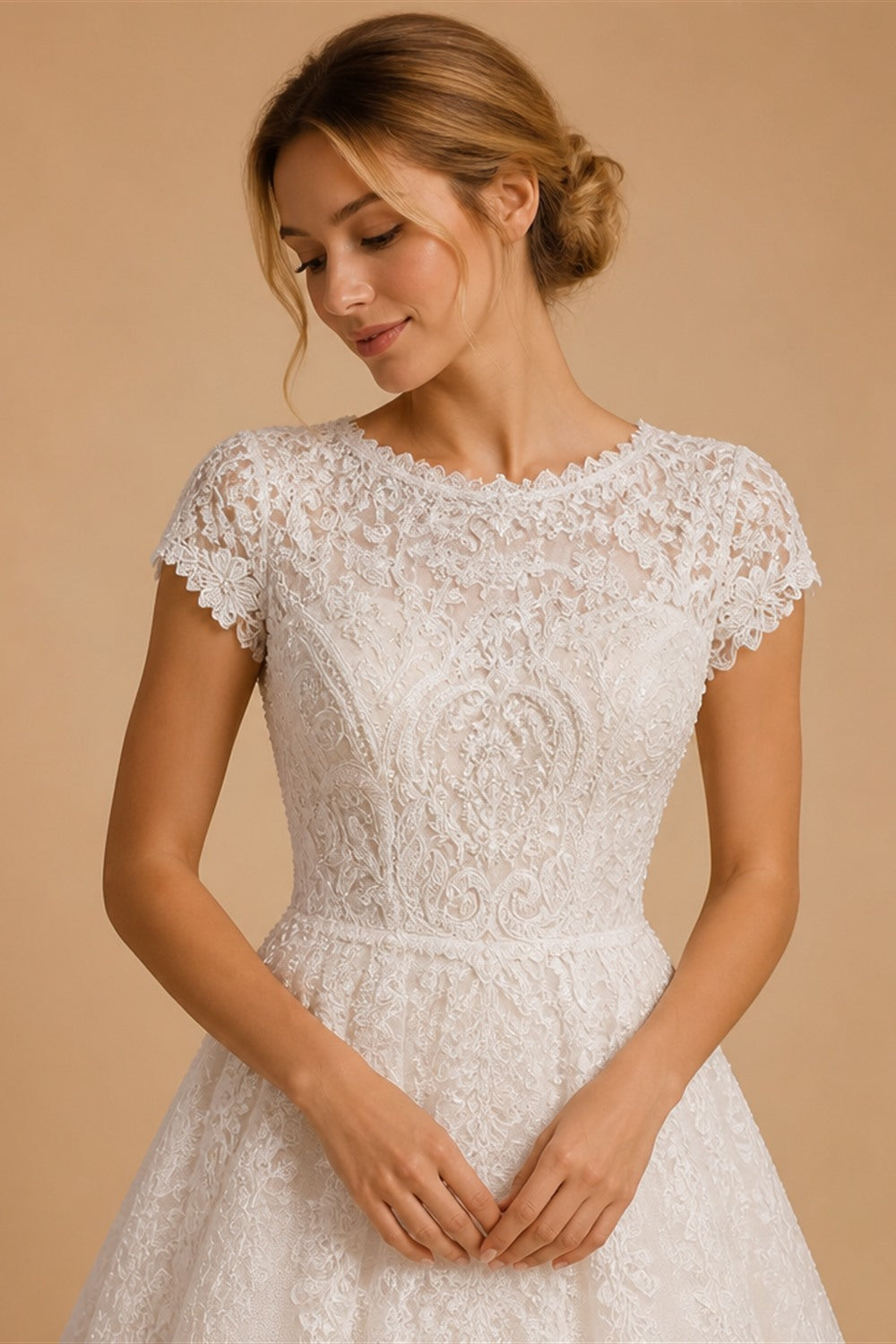 Off White Elegant Lace Pearl Embroidery Ball Gown Wedding Dress ZP168