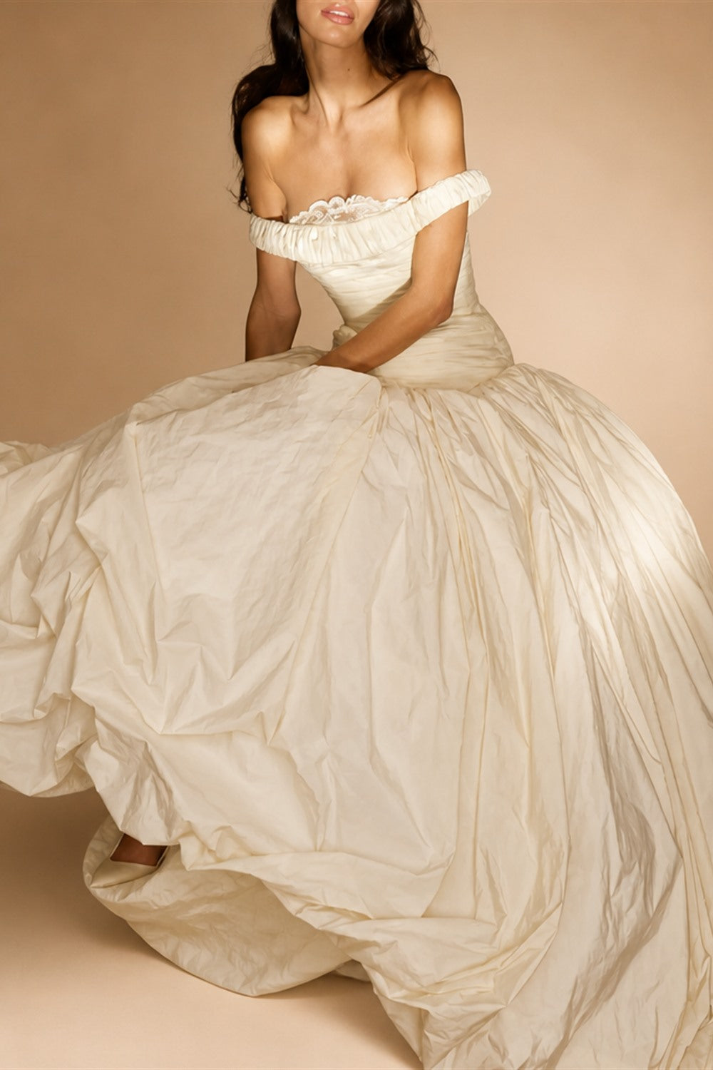 Elegant Ivory Strapless Ruched Satin Ball Gown Wedding Dress ZP070